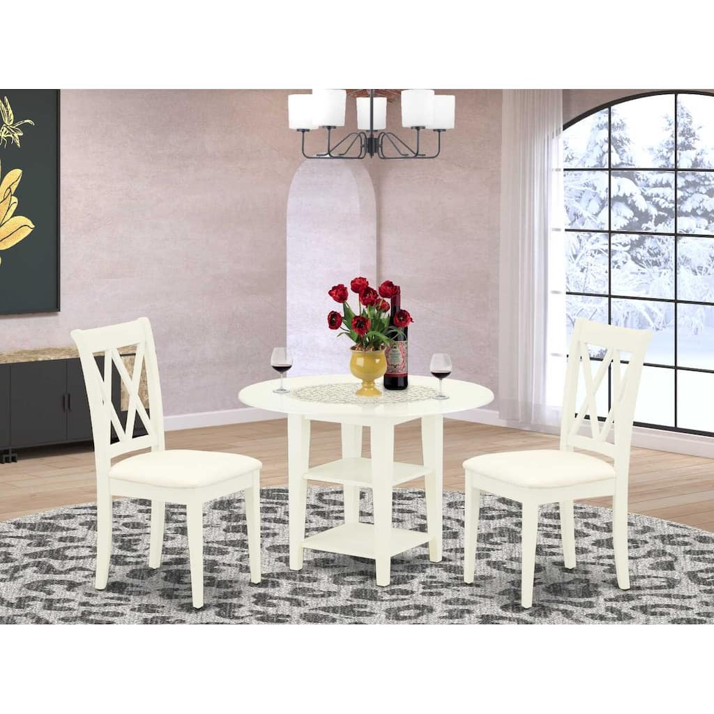 HomeStock 3-Piece Linen White Finish Round Solid Wood Top With Dropleaf Dining Table Set