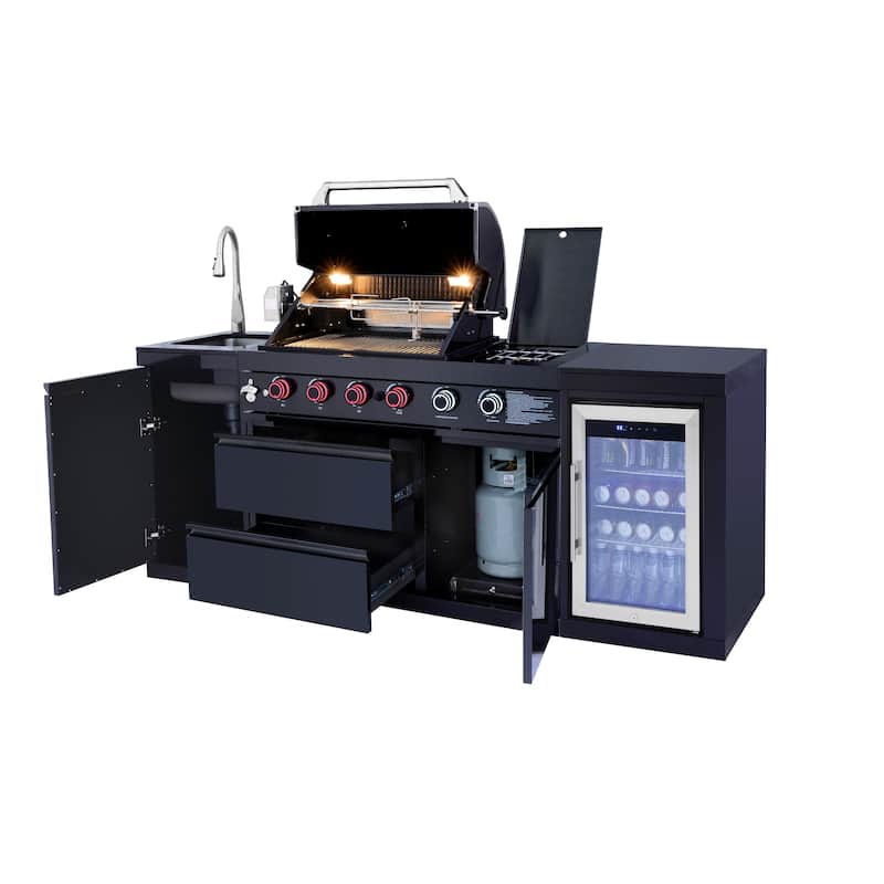 GDFStudio Xaviron Stainless Steel Outdoor Kitchen Island Grill with 4 Burners, Rotisserie and Refrigerator