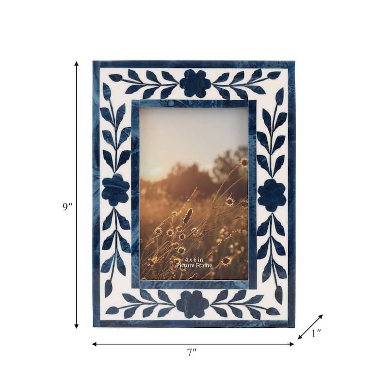Sagebrook Home Floral 4" x 6" Picture Frame Blue and White Floral Petals Polyresin Portrait
