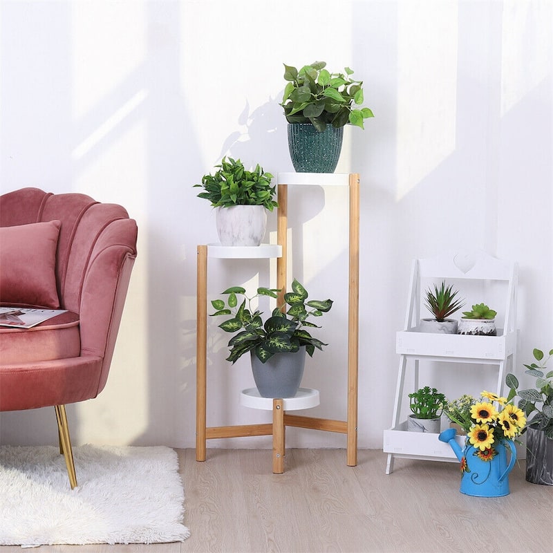 3-Tier Bamboo Plant Stand Flower Succulents Potted with Round White Shelvings