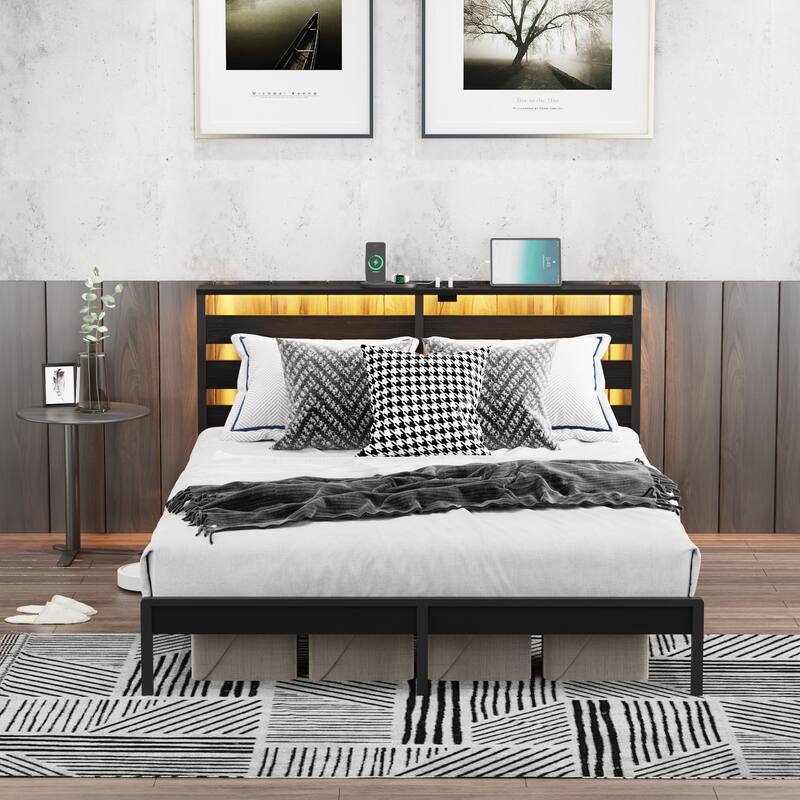 Full Metal Platform Bed with Wood Headboard/Footboard, USB & LED Lights, Under Bed Storage - Black - Full