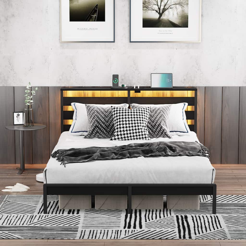 Full Metal Platform Bed with Wood Headboard/Footboard, USB & LED Lights, Under Bed Storage