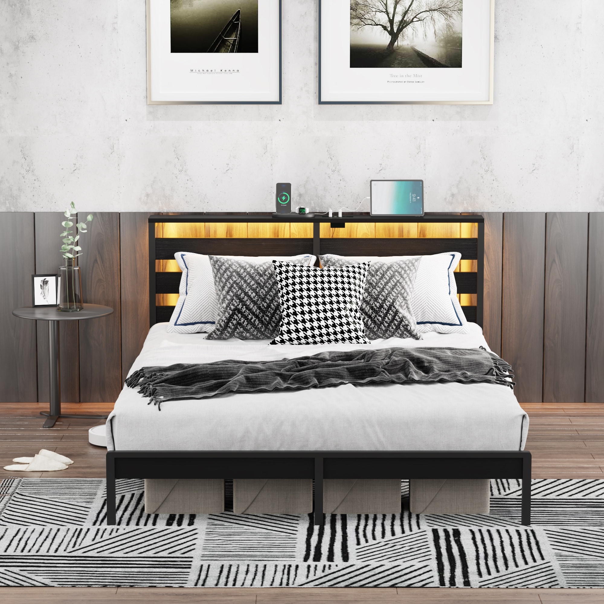 Full Size Metal Platform Bed Frame with Wooden Headboard and Footboard with USB, LED Lights, Under Bed Storage