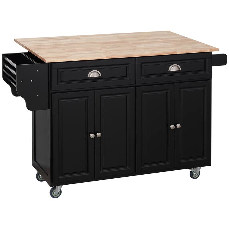 HOMCOM Rolling Kitchen Island on Wheels Utility Cart with Drop-Leaf and Rubber Wood Countertop, Storage Drawers, Dark Grey - Stationary - Black - Wood