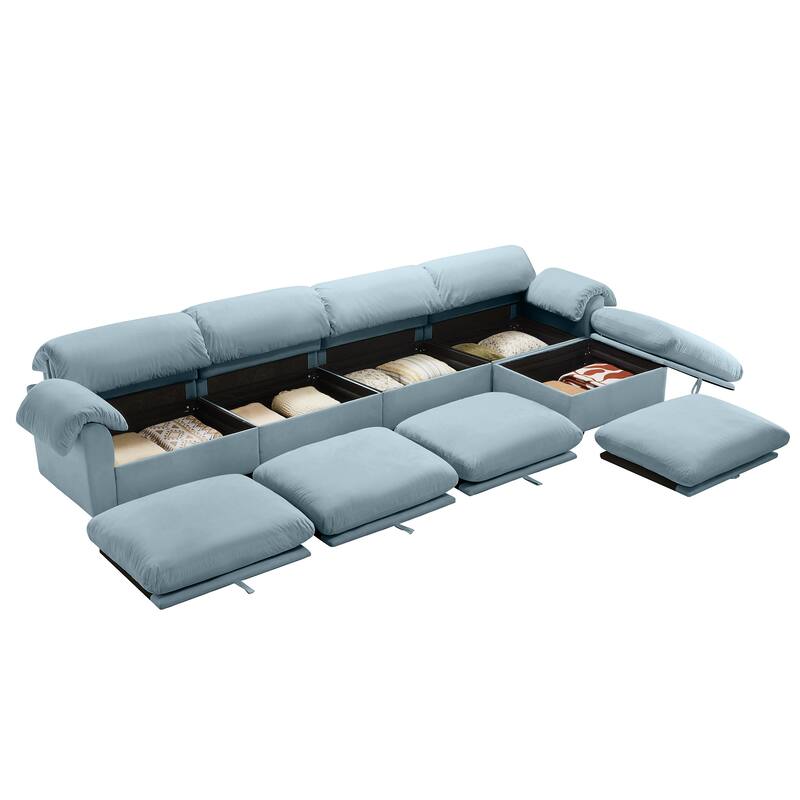 154.7" Velvet L-Shaped Sectional Sofa with Cloud Cushions & Ottoman
