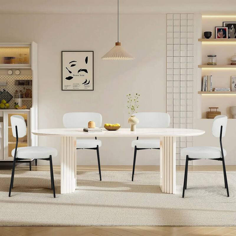 Set of 2 Aya White Chenille Dining Chair with Black Steel Legs