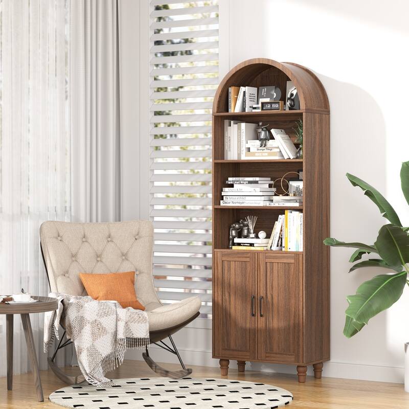 70" 6-Tier Arch Bookcase with Adjustable Shelves, Walnut Storage Cabinet for Living Room & Bedroom