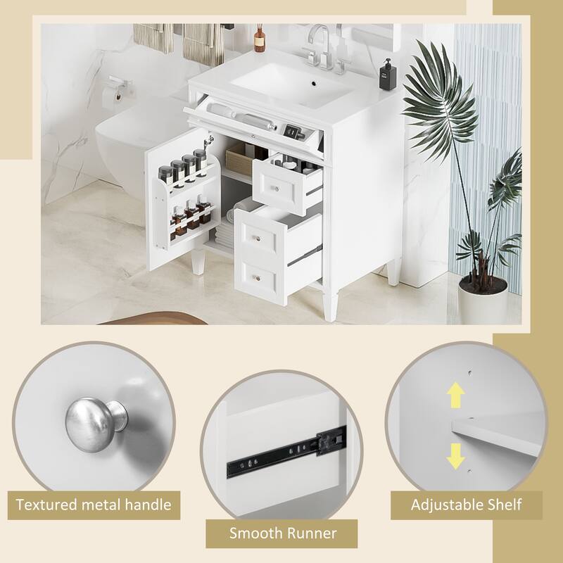 Single Sink Vanity for Bathroom Storage Cabinet with Tip-out Drawer, Small Drawer, Large Drawer, Door Rack and Adjustable Shelf