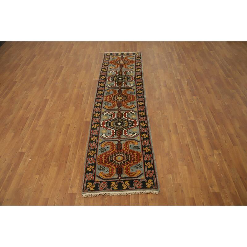 Hand Knotted Oriental 100% Wool Carpet Traditional Geometric Oranges & Rust Kazak Runner Rug - 9' 9'' X 2' 6''