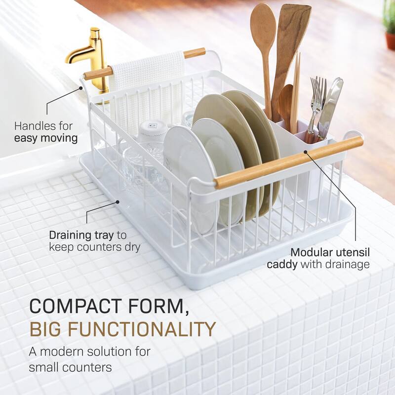 Yamazaki Home Dish Rack, Steel and Wood, Holds 22 lbs - L 13.19 x W 18.5 x H 7.87 inches