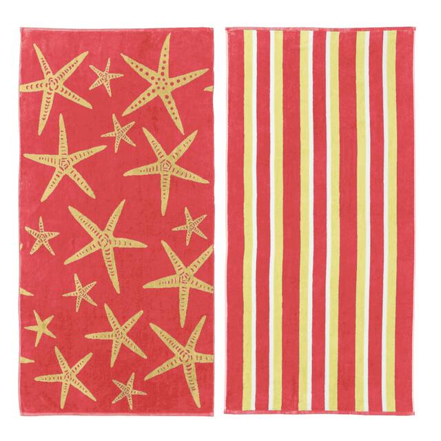 Luxurious Cotton Printed Beach Towel - Starfish - Coral / Yellow