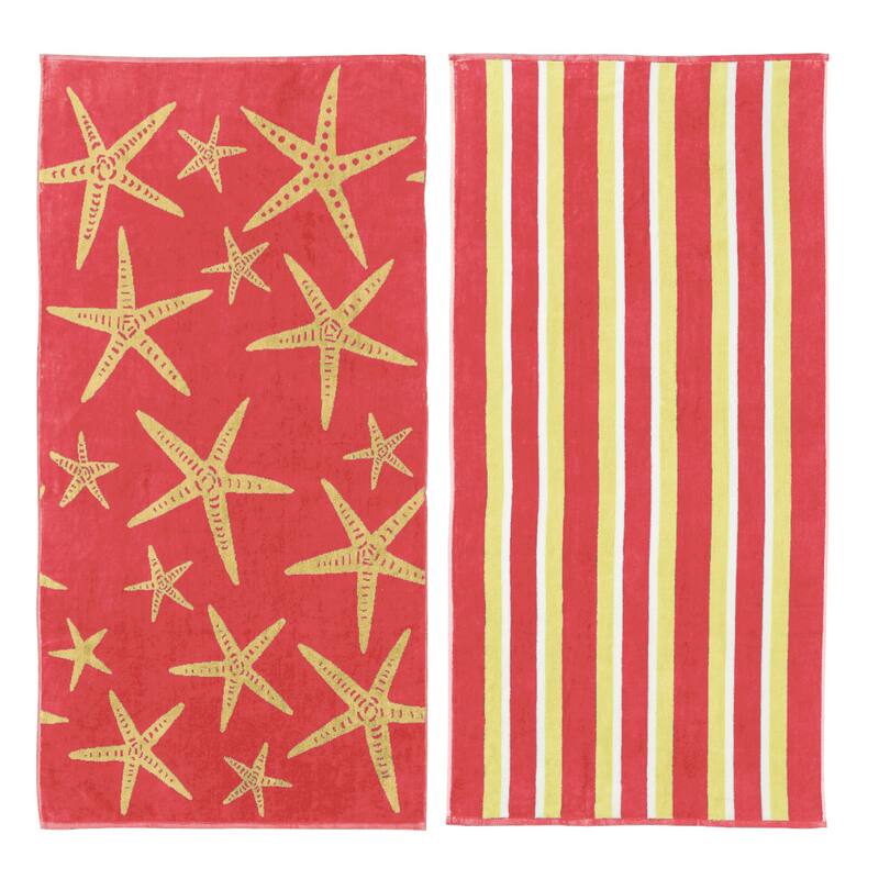 Luxurious Cotton Printed Beach Towel - Starfish - Coral / Yellow