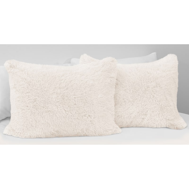 Sweet Jojo Designs Ivory Boho Faux Fur Pillow Shams 2 Pack Set Bohemian Shabby Chic Farmhouse Rustic Fuzzy Plush Luxury Shaggy