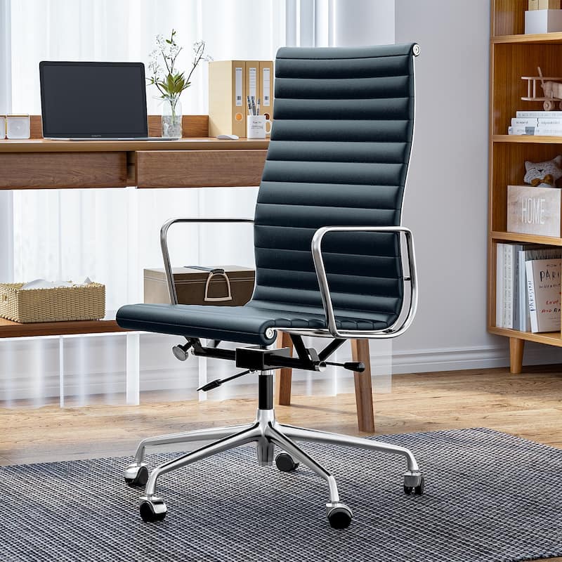 High Back Ergonomic Genuine Leather Ribbed Office Computer Chair - Dark Blue