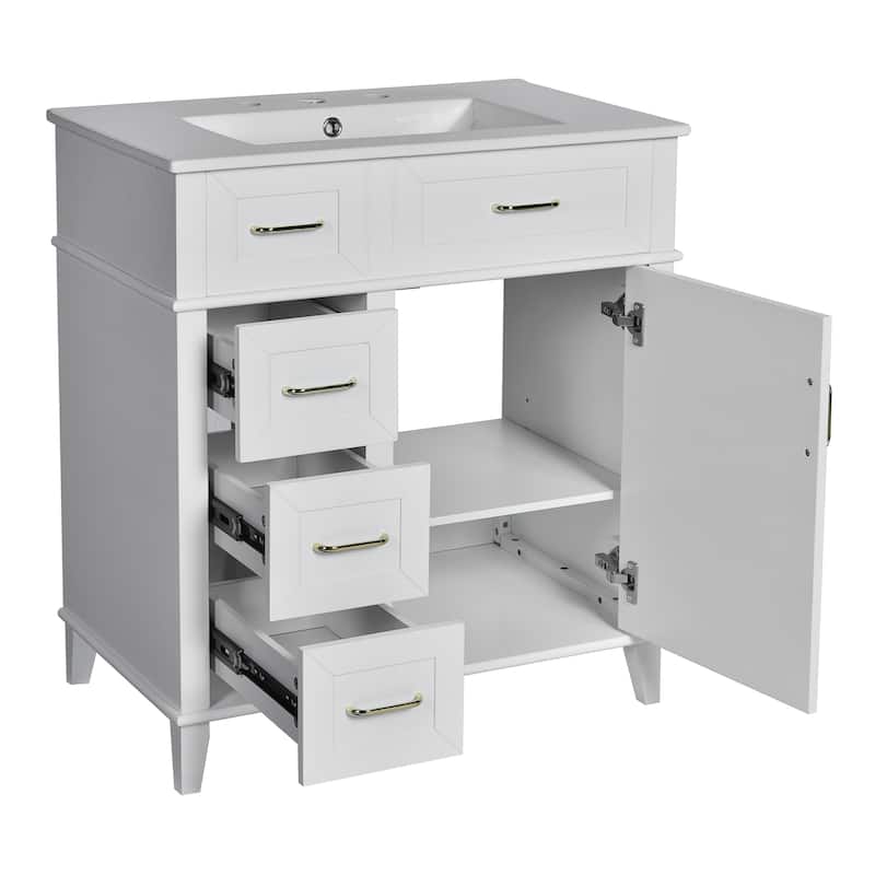 30" Bathroom Vanity with Ceramic Sink, Adjustable Shelf, Soft Close Door, and Three Soft Close Drawers