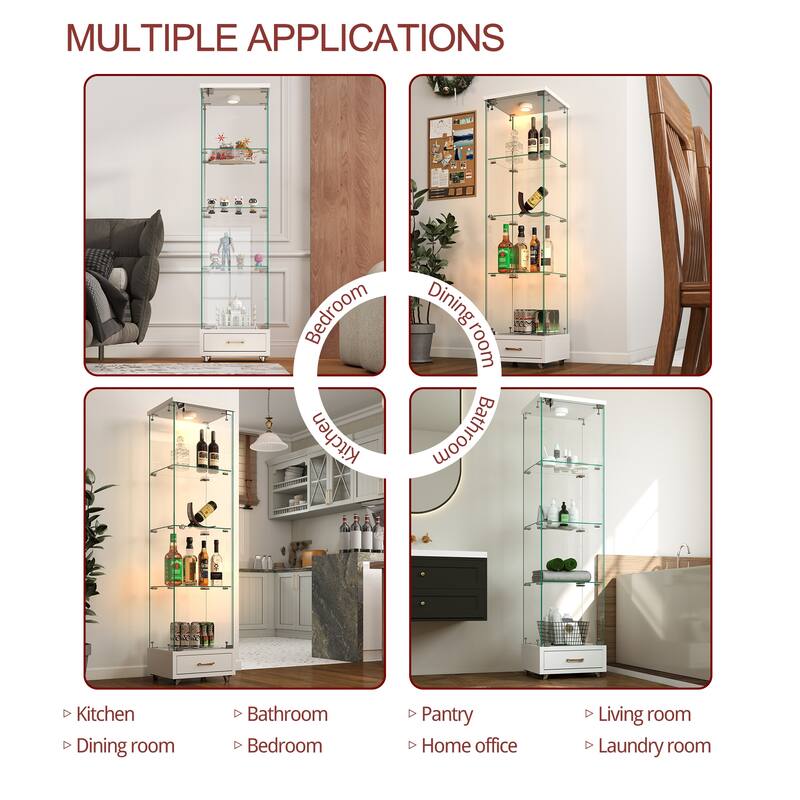 65.9" Modern Glass Display Cabinet with Drawer, LED Lights, Lockable Storage & 4 Tempered Glass Shelves