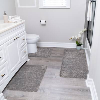 Solid Gray Bathroom Rugs Sets, Shower Rugs with Toilet Rugs U Shaped, Non Slip Bath Mats, Machine Washable Bath Mat