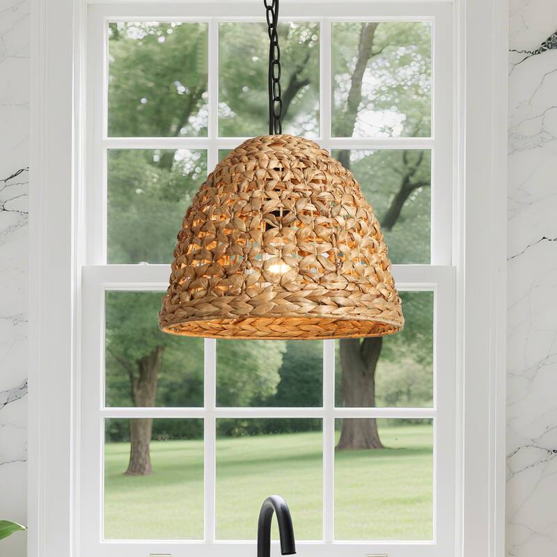 Ravy 1-Light Rattan Dome Pendant Light Handwoven Kitchen Island Light - D 15" x H 12.2"