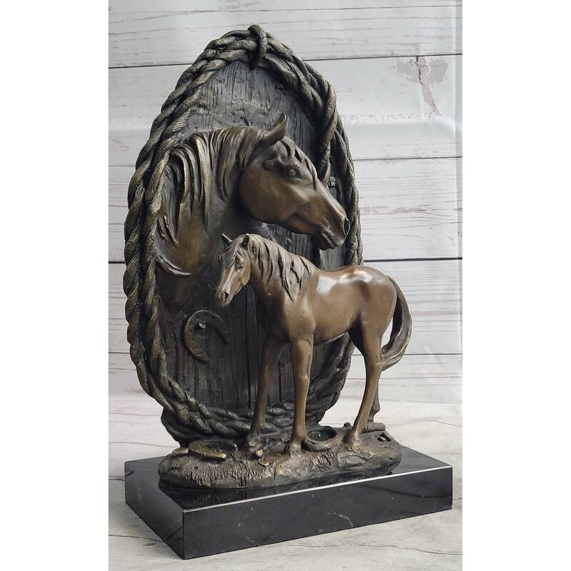 Equestrian Horse Lover Decor Mare Foal Bronze Sculpture Statue On Marble Base