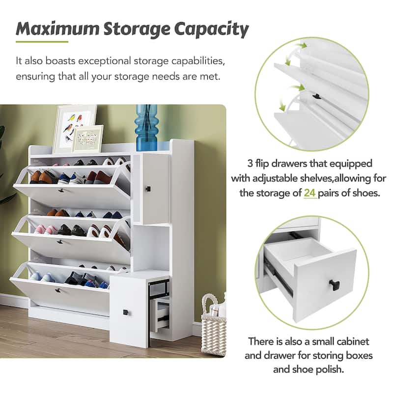 Sleek 3-Drawer Shoe Rack Cabinet with Pull-down Seat, Adjustable Shelves, Freestanding Storage Solution for Entryway, Hallway