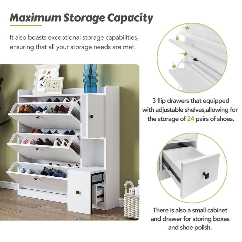 Thin Shoe Cabinet for Hallway with 3 Flip Storage Drawers, Entryway Freestanding Shoe Organizer Rack with Pull-Down Seat