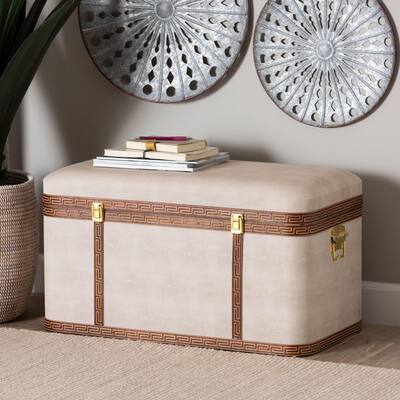 Brenner Modern Transitional Beige Faux Shagreen Storage Trunk