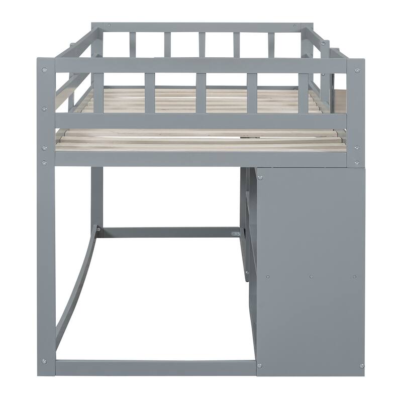 Twin Size Low Loft Bed with Rolling Desk, Shelf, and Drawers in Gray