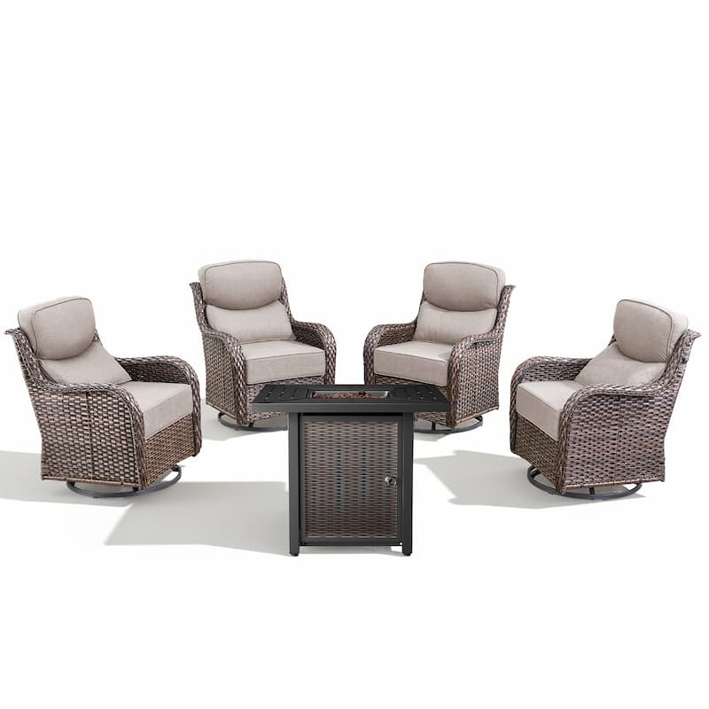 Arcadia 5-Piece Wicker Patio Set with 4 Swivel Glider Chairs and Square All-Iron Fire Pit