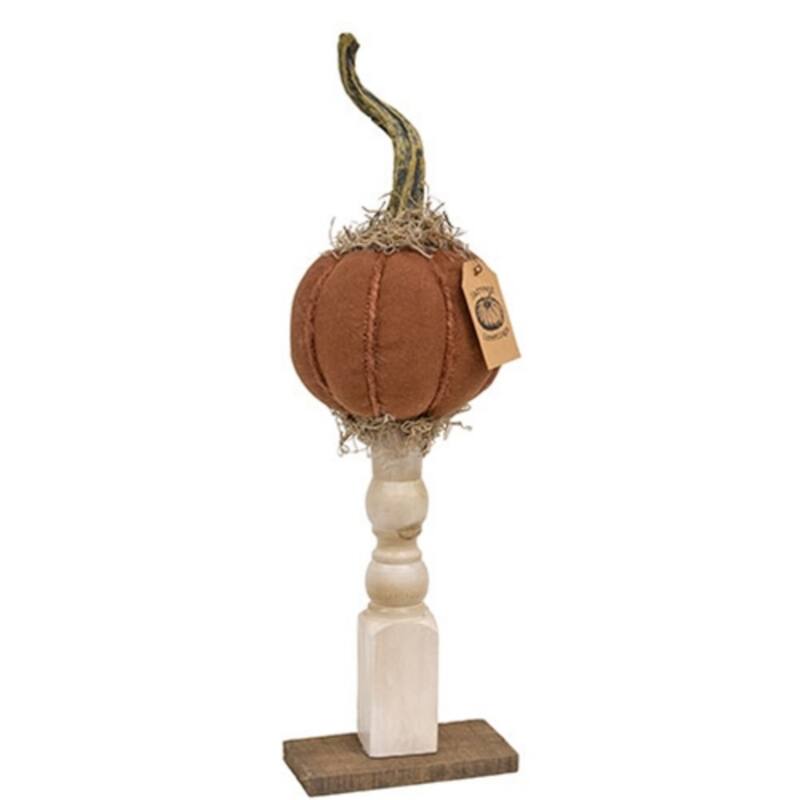 Rustic Autumn Pumpkin Decor on Wooden Pedestal with Plush Orange Pumpkin and Moss Accents - White, Dark Orange