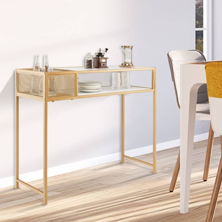 Faux Marble Console Table with Wire Baske for Entryway - 47.5" x 12" x 35.5" (L x W x H)