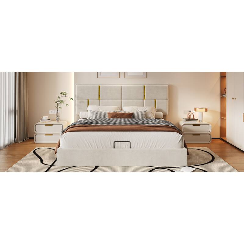 Roomfitters Queen Upholstered Platform Bed with Hydraulic Storage Lift, Modern Bed Frame, No Box Spring Required