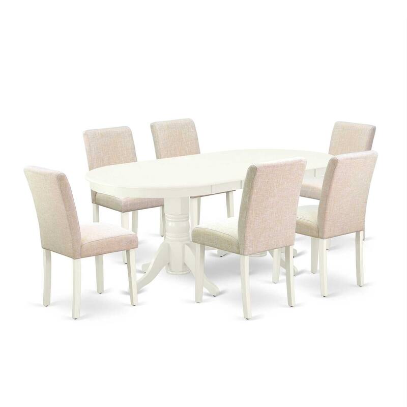 French Country Dining Set 7Pc - Table & 6 Chairs - Linen White Legs - Beige Fabric - Butterfly Leaf