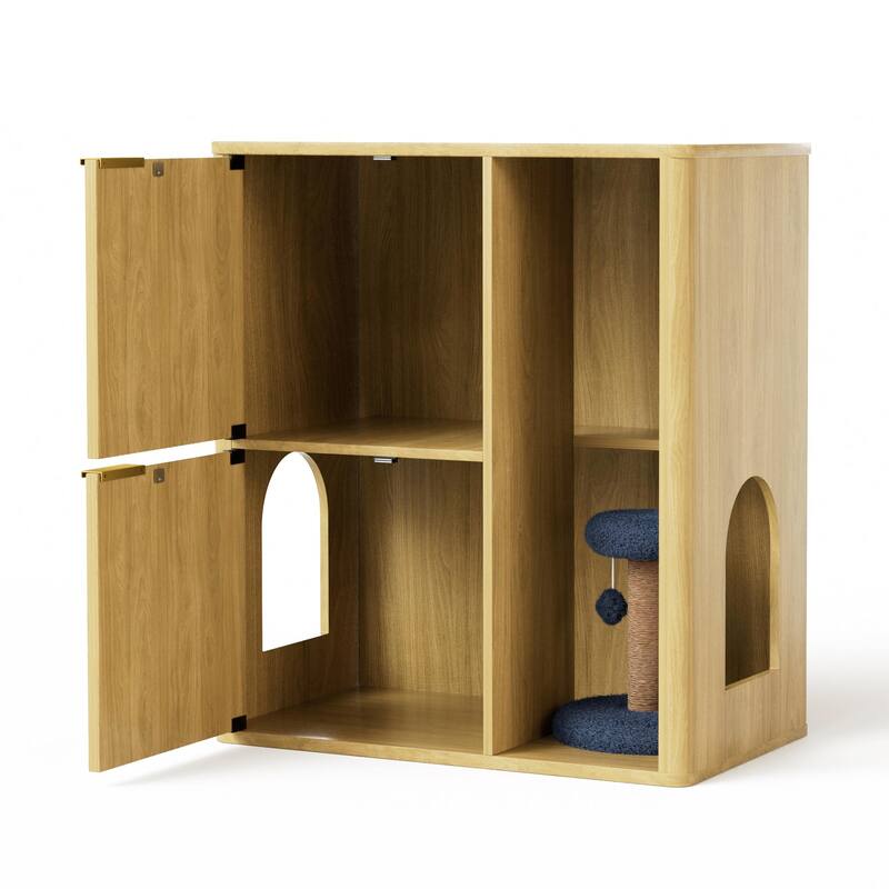 31.5" Walnut Cat Litter Cabinet with Cat Tree, Grooved Concealed Litter Furniture Featuring Dual Cat Doors and Storage Shelves