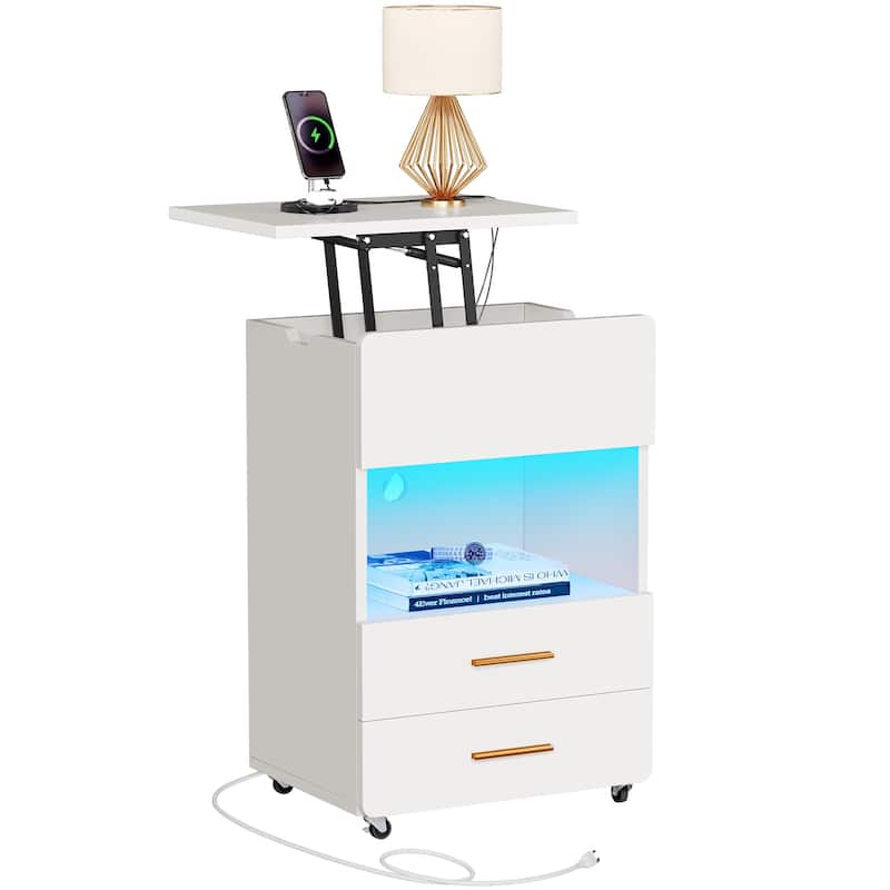 Moasis Lift top Nightstand with Charging Station LED Bedside Table with 2 Drawers - White