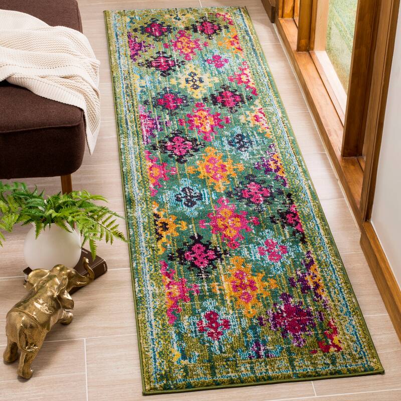 SAFAVIEH Monaco Joanne Distressed Boho Rug - 2'2" x 8' Runner - Green/Multi