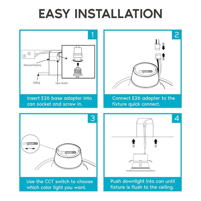 Luxrite 4" LED Recessed Can Lights, Color Selectable 2700K | 3000K | 3500K | 4000K | 5000K, Dimmable, 750 Lumens, 4-Pack