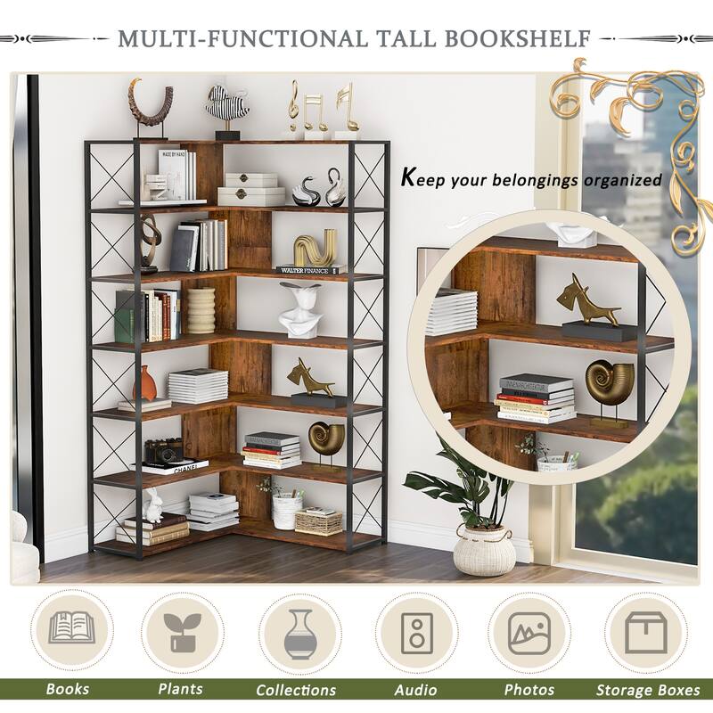 7-Tier Bookcase Home Office Bookshelf, L-Shaped Corner Bookcase with Metal Frame