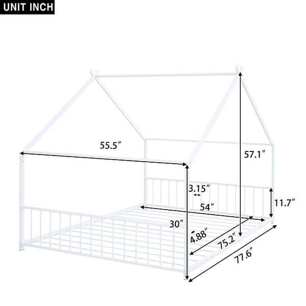 dimension image slide 1 of 6, Metal House Bed with Roof, Fence, and Back