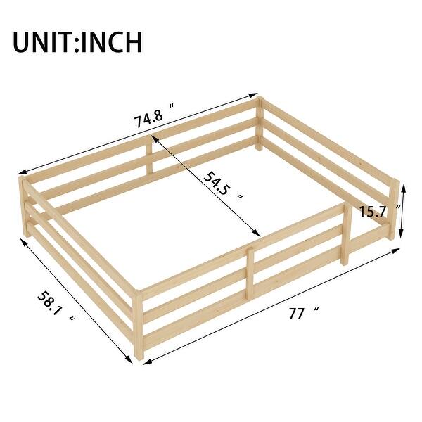 dimension image slide 0 of 6, Full Size Montessori Floor Bed with Safety Fence, Solid Pine Wood Frame, Kids Low-Profile Bed for Boys and Girls, Easy Assembly