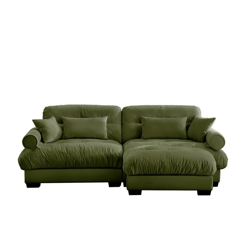 Over Size Modern Two-seater Sofa with Ottoman, Velvet 2-Seater with Round Bolster Armrests