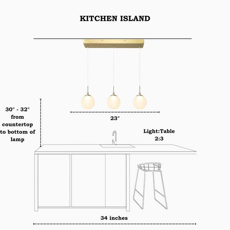 Modern 3-Light Gold LED Chandelier Linear Glass Island Lights for Dining Room - 23 “