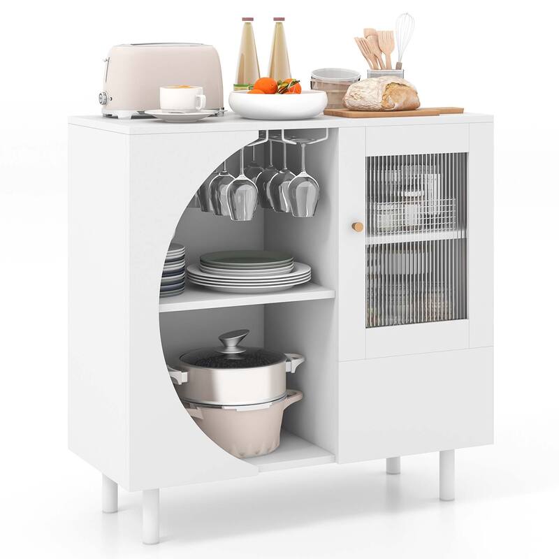 Costway Kitchen Sideboard Wooden Buffet Cabinet with Glass Holder & - See Details - White - See Details