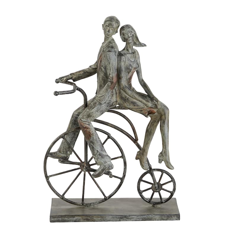 Gray Polystone People Sculpture with Bike - 9 x 5 x 13