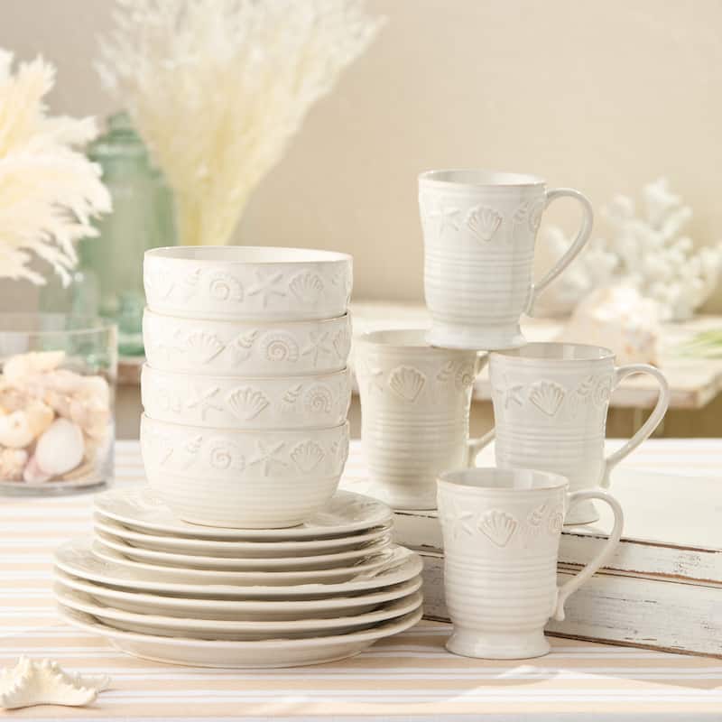 Certified International Coastline Cream 16 Piece Dinnerware Set, Service for 4 - 10.50"L x 10.50"W x 1.13"H