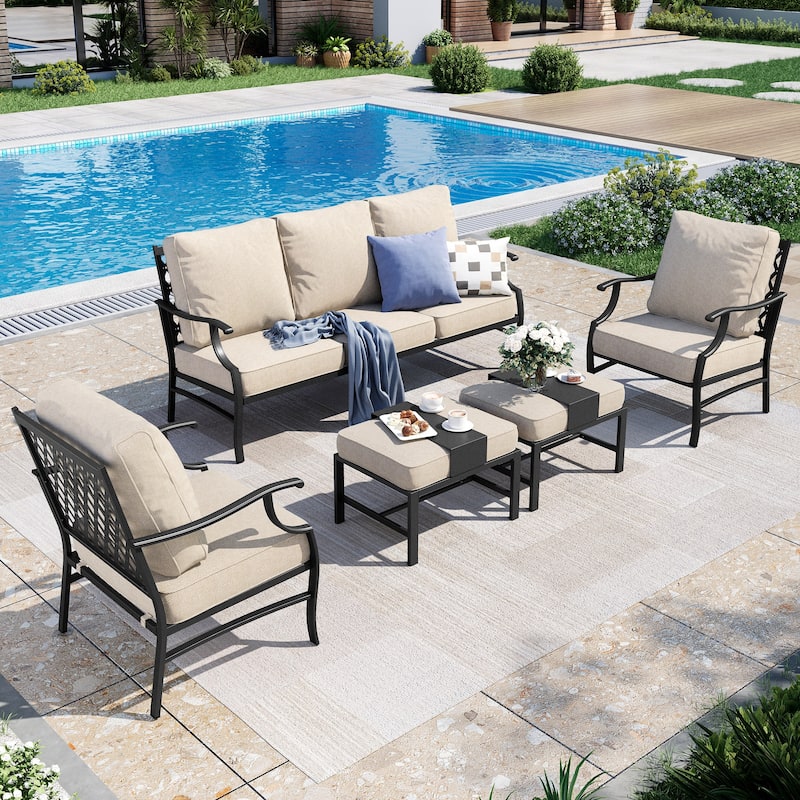 MAISON ARTS Patio Conversation Sets 5/7/9-Seat, Sofa Set with 2 Single Sofa Chairs, 3-Seater Sofa, Ottoman and Coffee Table - 5-Piece - Set 1-Fixed Chairs with Ottoman