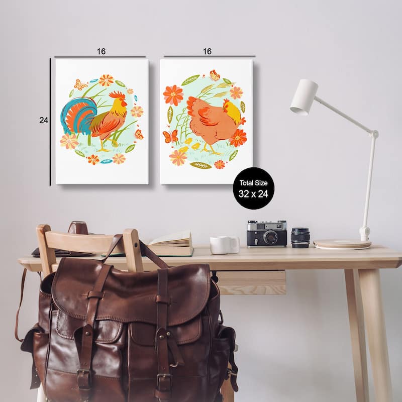 Stupell Rooster & Hen with Florals Canvas Wall Art Design By Hannah Moren (Set of 2)