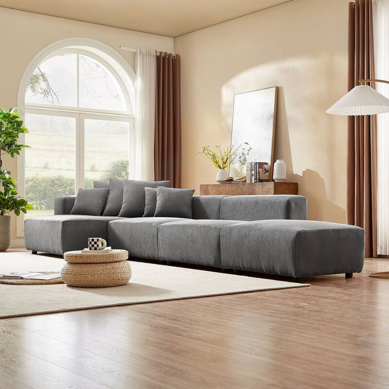 Grey 155.11'' L-Shaped 4-Seater Modular Sectional Sofa with 4 Throw Pillows, Designed for Smaller Living Spaces