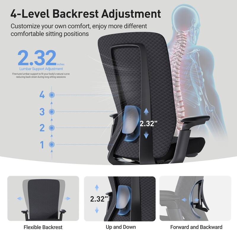 Ergonomic Office Chair, 4D Armrests, Seat Depth, Memory Foam, 300lbs, AirMesh Back