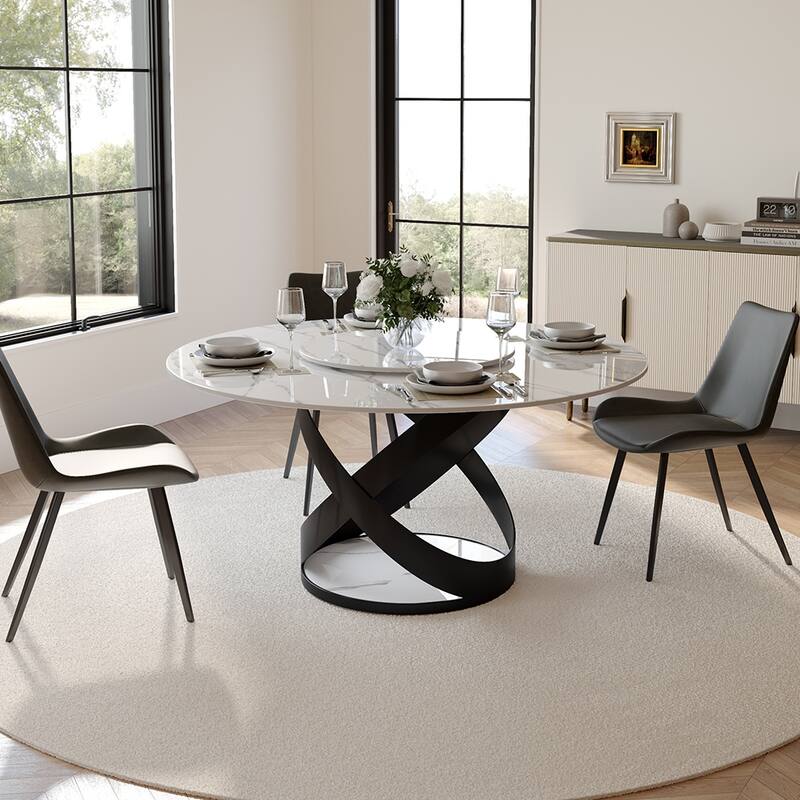 Modern Dining Table Sets, Round Glossy Sintered Stone Dining Table with Dining Chairs