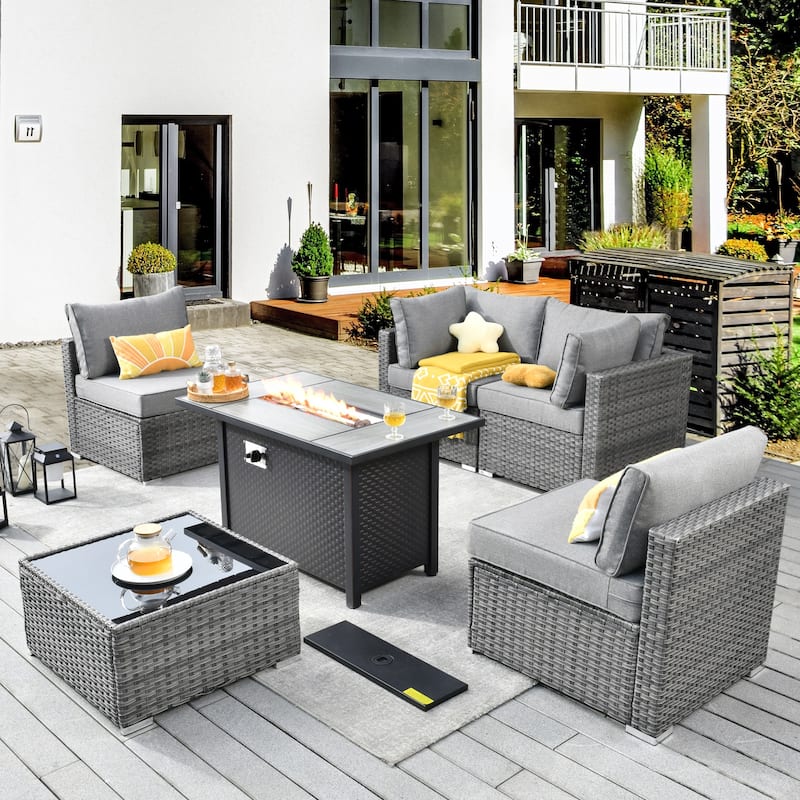 XIZZI 6-piece Patio Furniture Set Outdoor Sectional Rattan Sofa with Firepit - Dark Grey